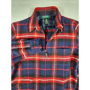 Lauren Ralph Lauren Mens Wool Plaid Full Zip Shirt Jacket Red Navy Blue Large